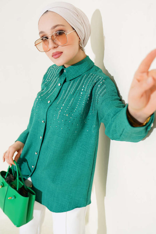 Shoulder Stone Embellished Shirt Green