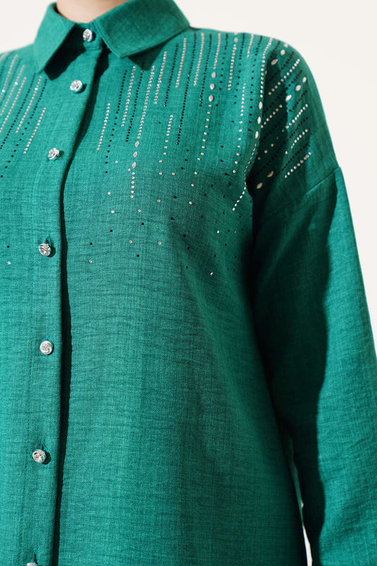 Shoulder Stone Embellished Shirt Green