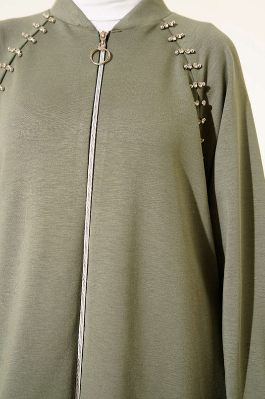 طقم لويسا مزدوج بسحاب وحجر على الكتف باللون الكاكي