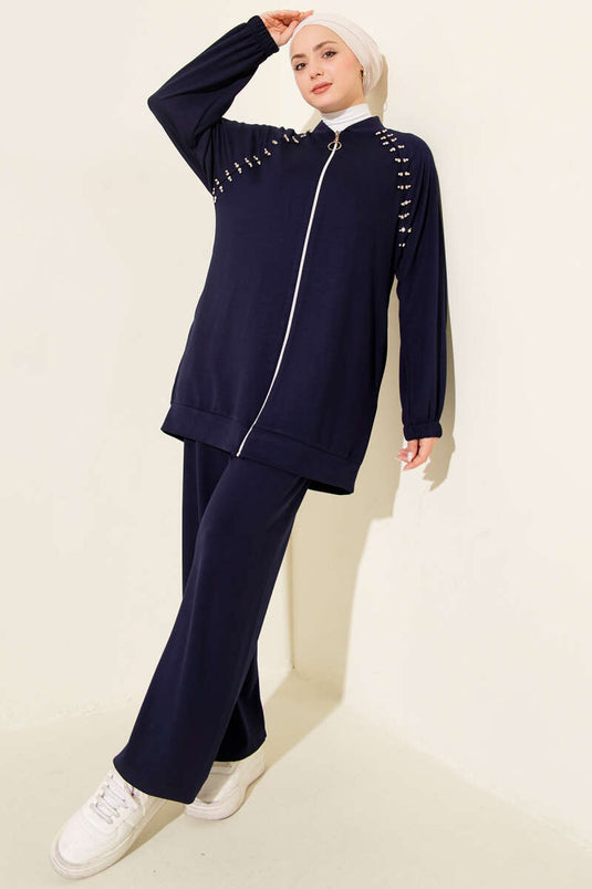 طقم لويسة مزدوج بسحاب وحجر على الكتف باللون الأزرق الداكن