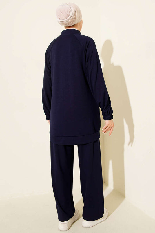 طقم لويسة مزدوج بسحاب وحجر على الكتف باللون الأزرق الداكن