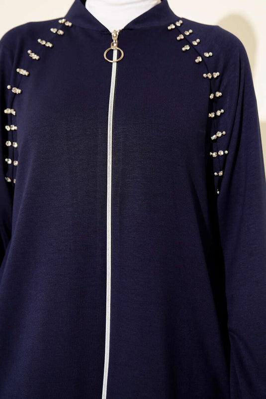 طقم لويسة مزدوج بسحاب وحجر على الكتف باللون الأزرق الداكن