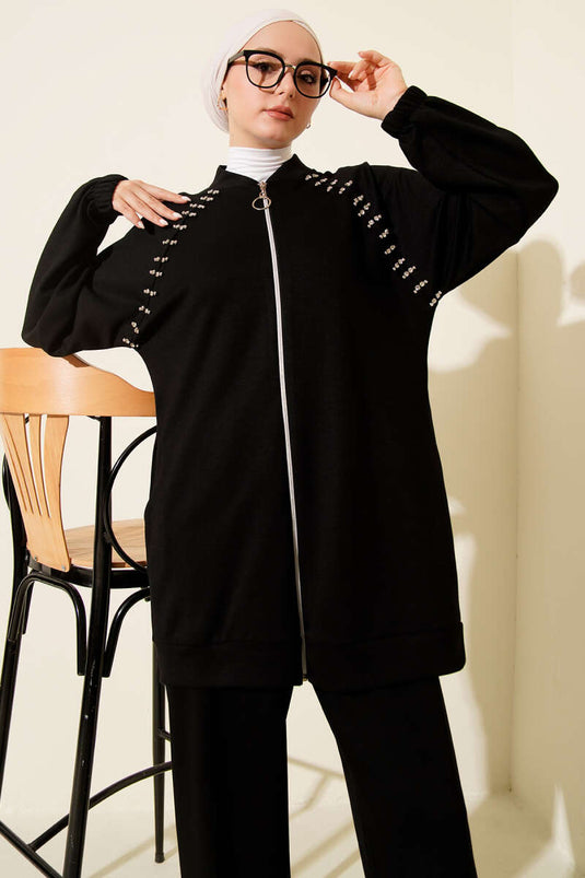 Shoulder Stone-Embellished Zippered Two-Piece Set Black