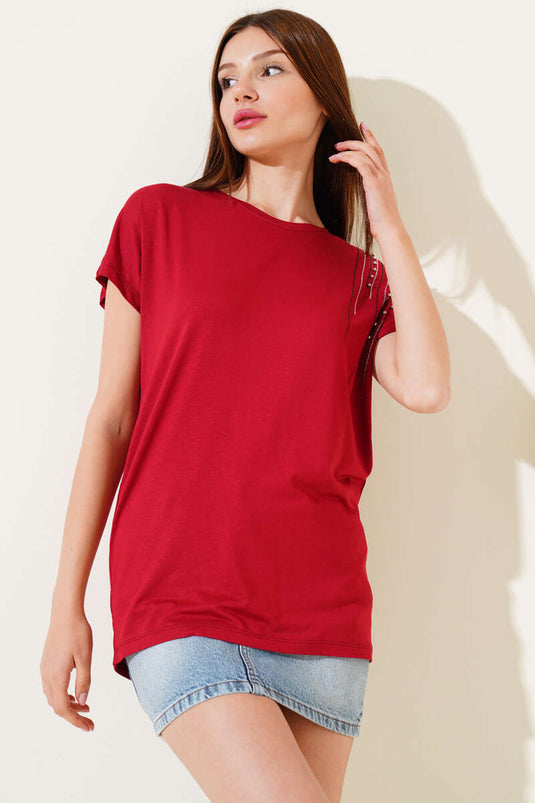 Schouder Stoned Pearl T-shirt Burgundy