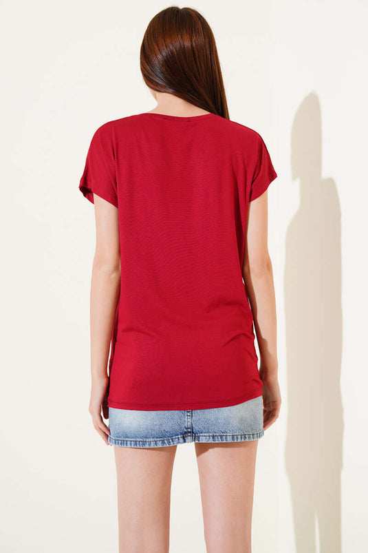 Schouder Stoned Pearl T-shirt Burgundy