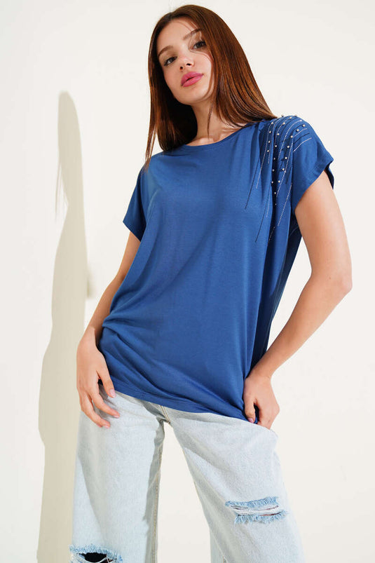 T-shirt indigo à perles et pierres d'épaule