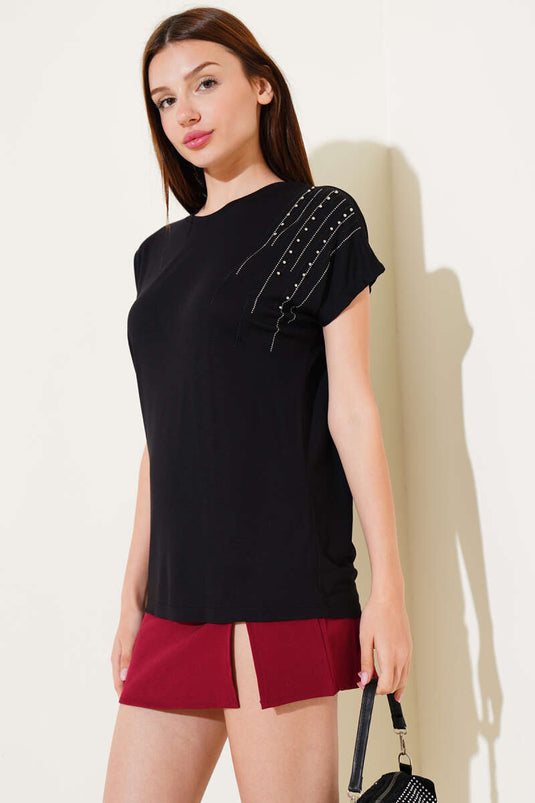 Schouder Stoned Pearl T-shirt Zwart