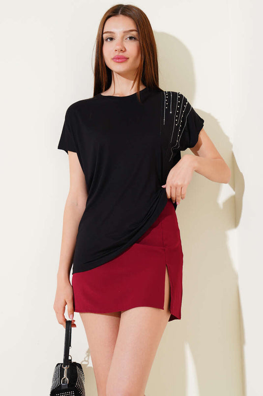 Schouder Stoned Pearl T-shirt Zwart