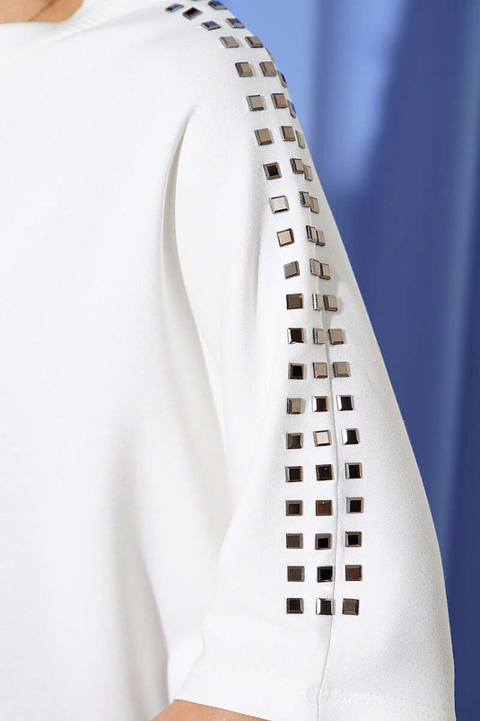 T-shirt Loyşa avec pierres aux épaules, écru