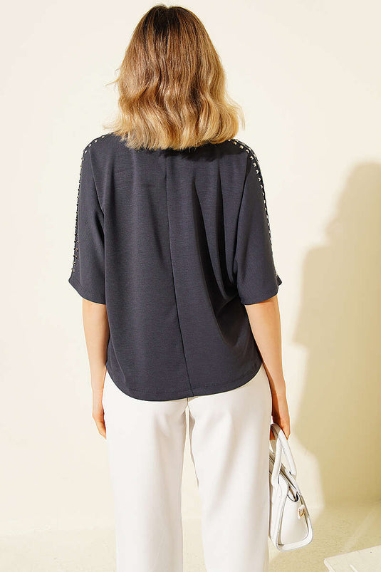 Omuz Taşlı Loyşa T-shirt Füme
