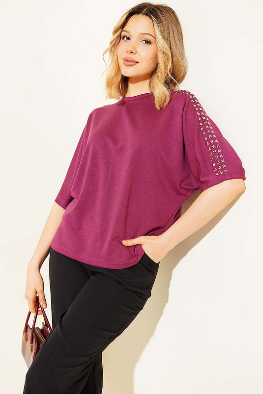 Omuz Taşlı Loyşa T-shirt Magenta