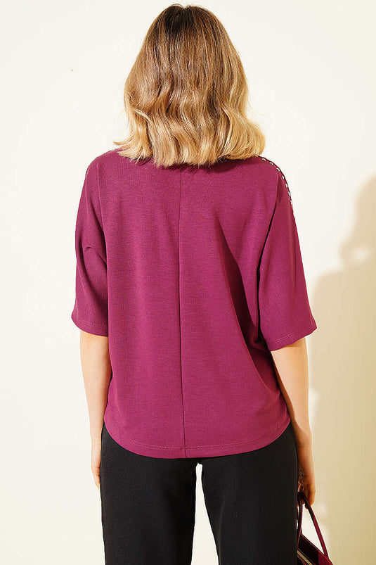 Omuz Taşlı Loyşa T-shirt Magenta