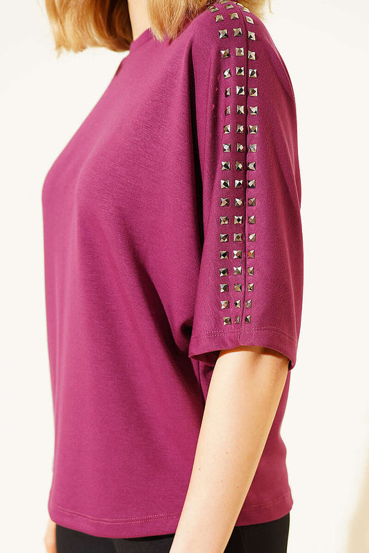 Omuz Taşlı Loyşa T-shirt Magenta