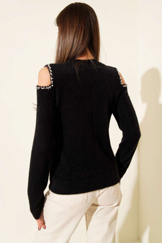 Pull À Épaules Ornées Et Perles En Noir