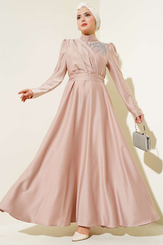 Satin Evening Dress with Shoulder Stones, Beige
