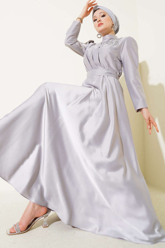 Satin Evening Dress with Shoulder Stones in Gray