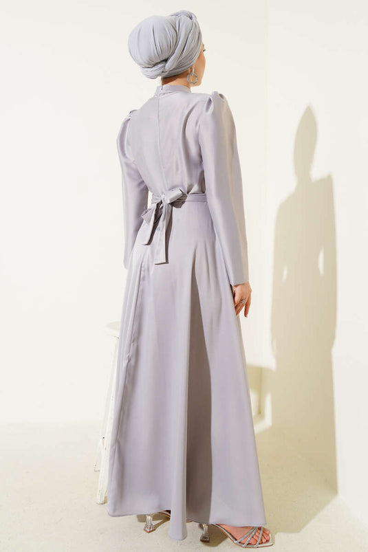 Satin Evening Dress with Shoulder Stones in Gray