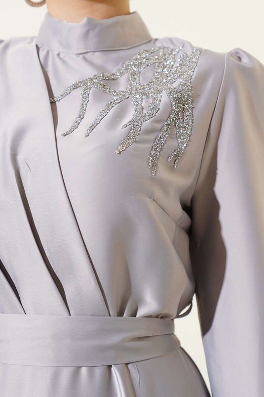 Satin Evening Dress with Shoulder Stones in Gray