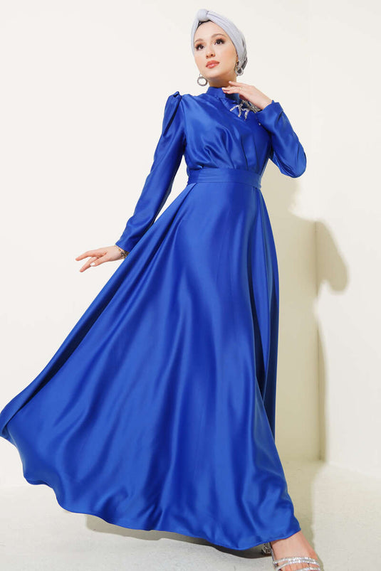 Satin Evening Dress with Shoulder Stones in Saxe