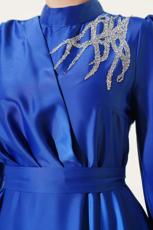 Satin Evening Dress with Shoulder Stones in Saxe