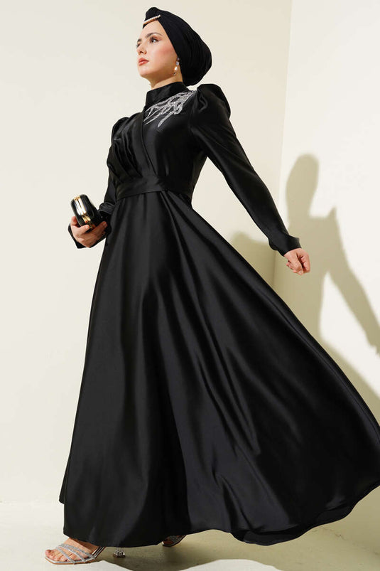 Satin Evening Dress with Shoulder Stones, Black