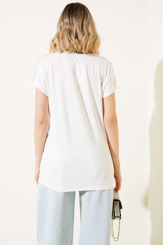 Omuz Taşlı T-shirt Ekru