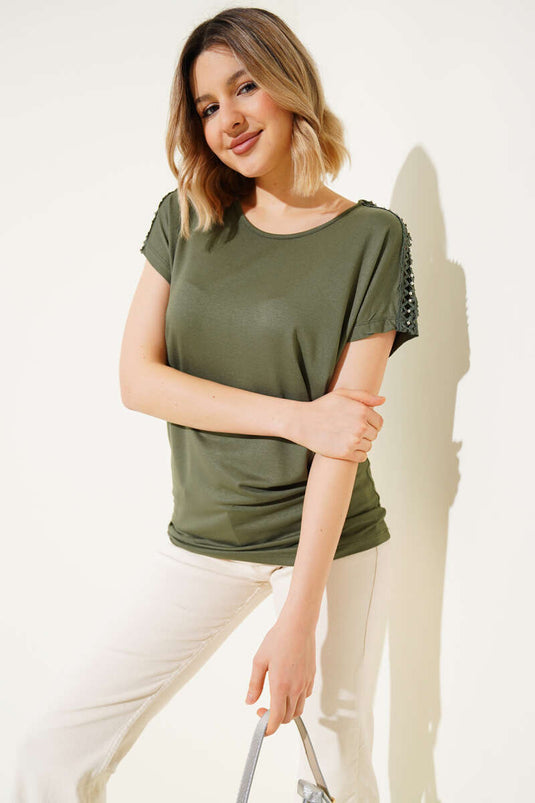 Omuz Taşlı T-shirt Haki