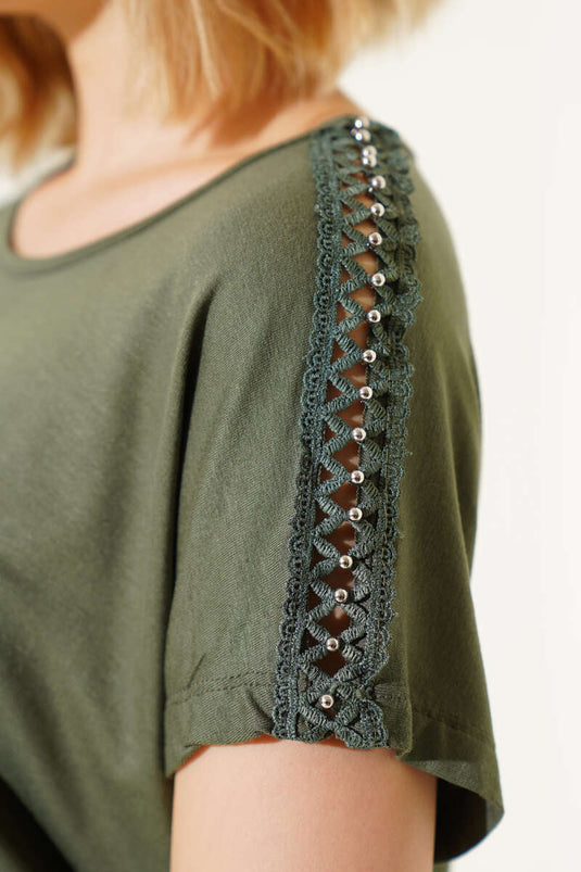 Omuz Taşlı T-shirt Haki