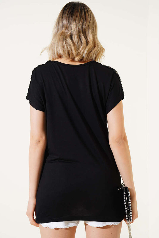 Omuz Taşlı T-shirt Siyah