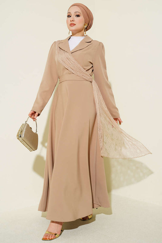 Robe croisée à col en tulle beige