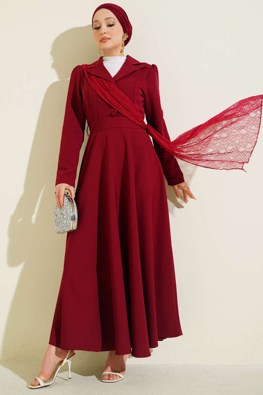 Robe croisée à col en tulle bordeaux avec épaulettes