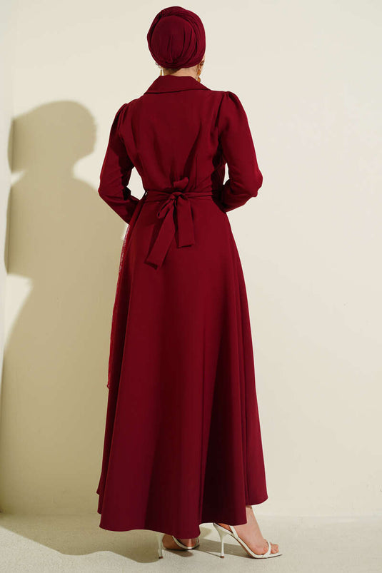 Robe croisée à col en tulle bordeaux avec épaulettes