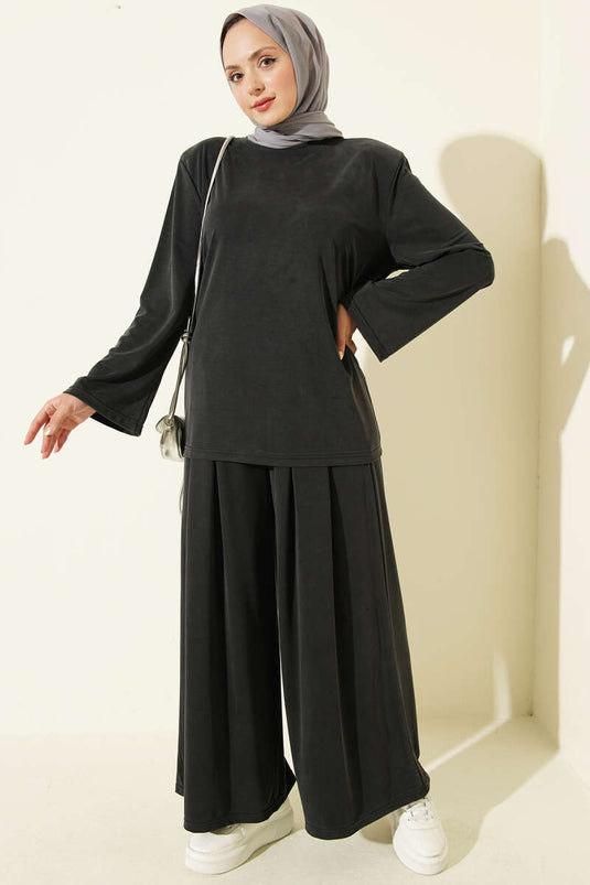 Ensemble Deux Pièces En Tencel Avec Épaule Rembourrée Et Ceinture Anthracite