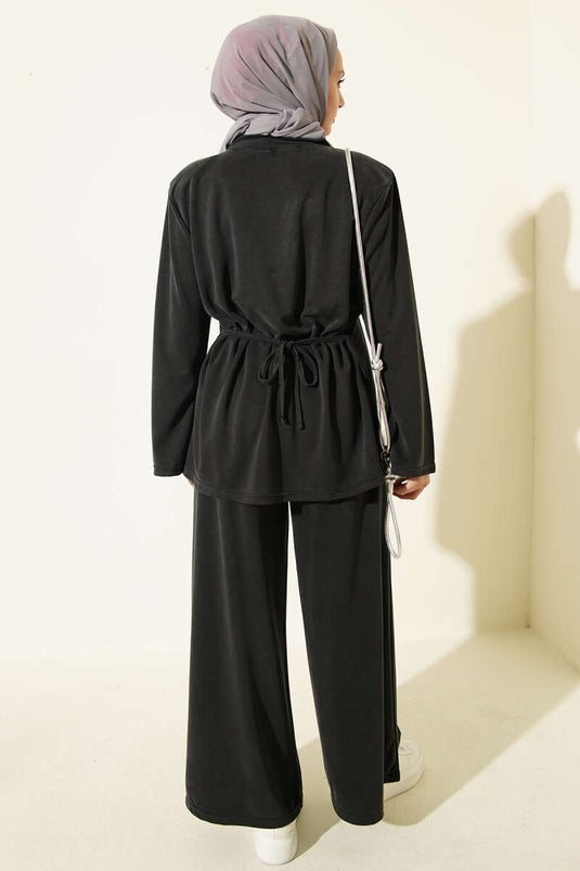 Ensemble Deux Pièces En Tencel Avec Épaule Rembourrée Et Ceinture Anthracite
