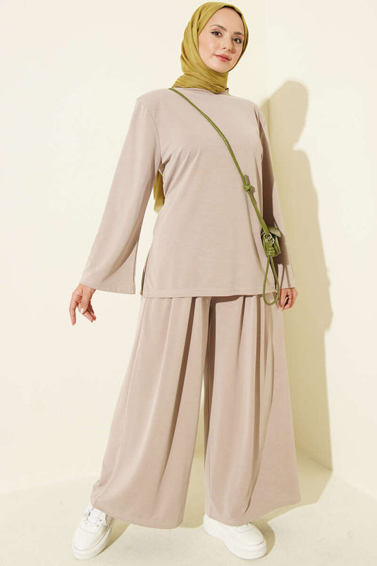 Ensemble Deux Pièces Tencel Beige À Épaules Paddées Et Ceinture