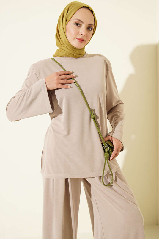 Ensemble Deux Pièces Tencel Beige À Épaules Paddées Et Ceinture