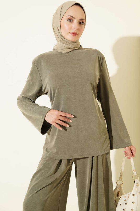 Ensemble Deux Pièces Tencel Avec Épaule Rembourrée Et Ceinture En Kaki