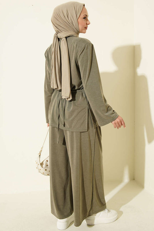 Ensemble Deux Pièces Tencel Avec Épaule Rembourrée Et Ceinture En Kaki