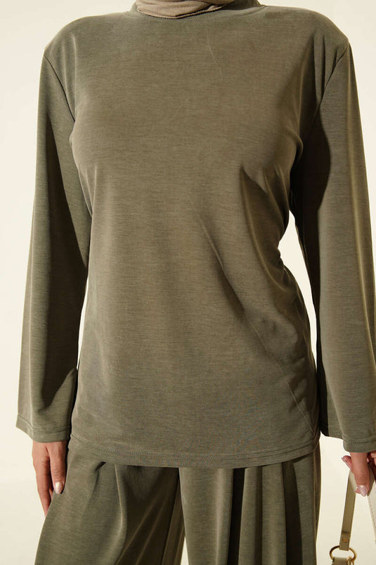 Ensemble Deux Pièces Tencel Avec Épaule Rembourrée Et Ceinture En Kaki