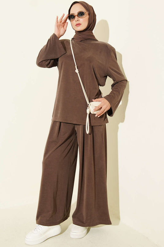 Ensemble Deux Pièces En Tencel Avec Épaules Rembourrées Et Ceinture En Café