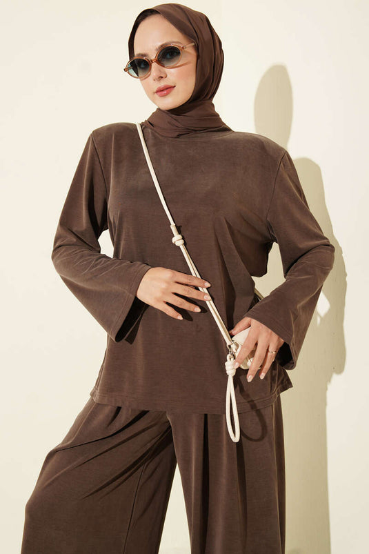 Ensemble Deux Pièces En Tencel Avec Épaules Rembourrées Et Ceinture En Café