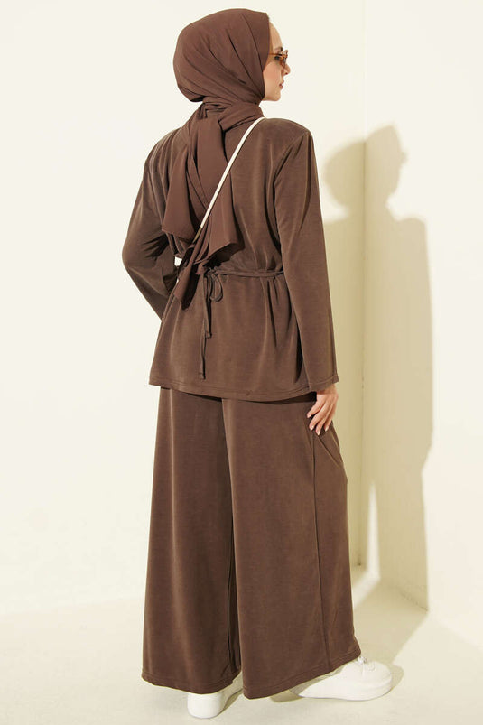 Ensemble Deux Pièces En Tencel Avec Épaules Rembourrées Et Ceinture En Café