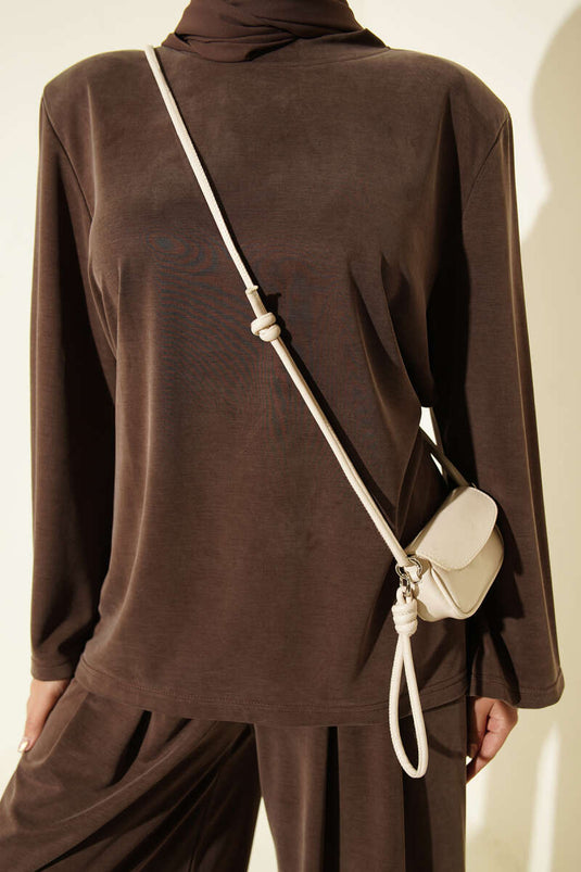 Ensemble Deux Pièces En Tencel Avec Épaules Rembourrées Et Ceinture En Café