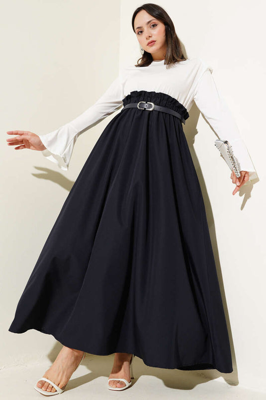 Robe bleu marine à épaulettes, taille élastique et ceinture