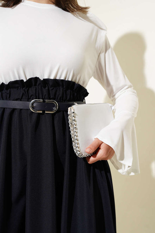 Robe bleu marine à épaulettes, taille élastique et ceinture