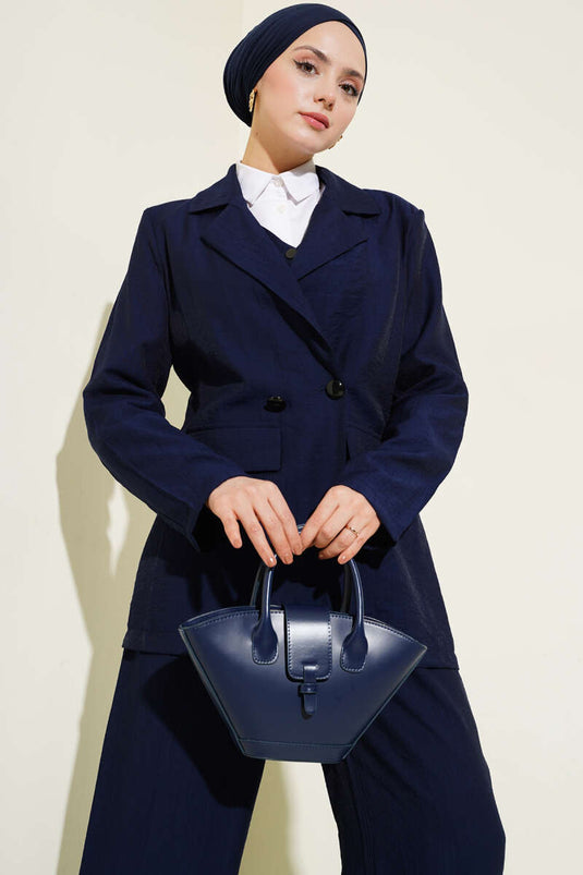 Navy Blue Three-Piece Set with Shoulder Pads, Jacket, and Vest