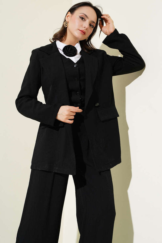 Shoulder Padded Jacket with Vest Three-Piece Set Black