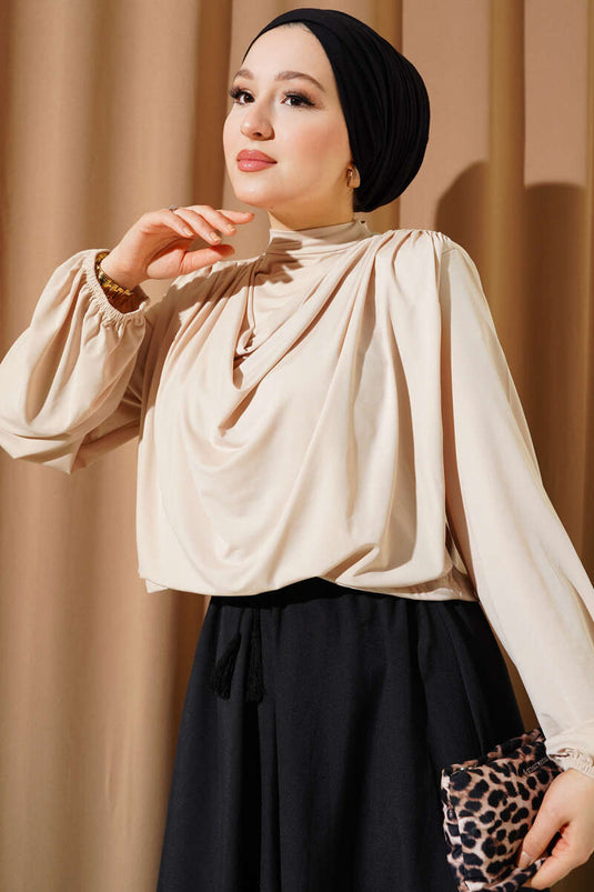 Shoulder Padded Cowl Neck Sandy Blouse Beige