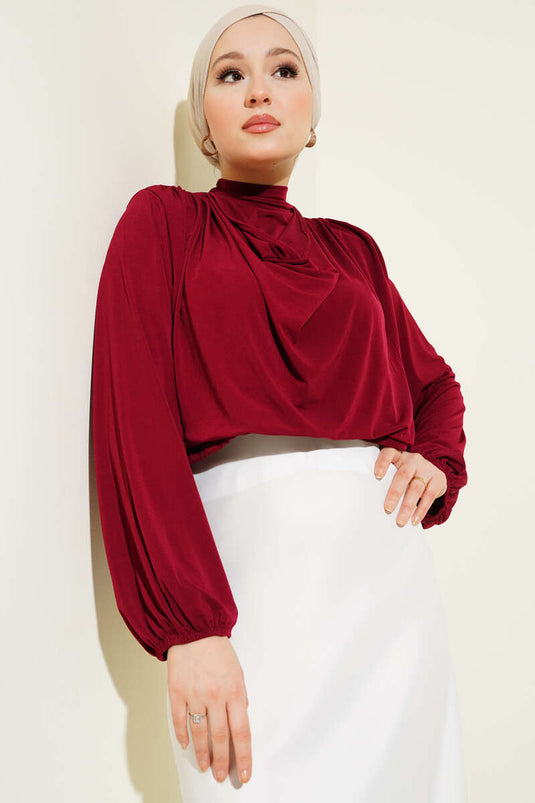 Shoulder Padded Cowl Neck Sandy Blouse Claret Red