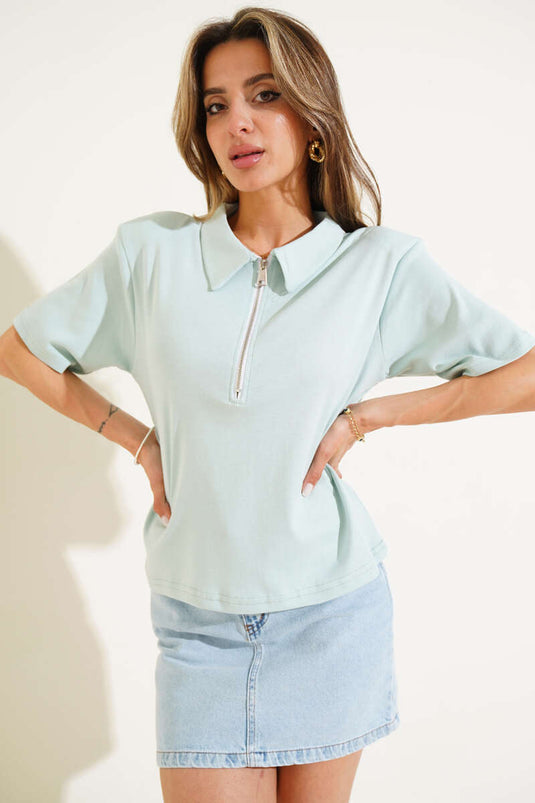 T-shirt met gewatteerde schouders en ritssluiting, aquagroen